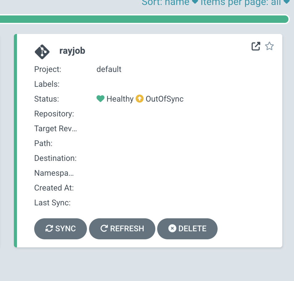 ArgoCD UI에서 RayJob Application이 Healthy이면서 OutOfSync 상태로 표시되는 화면