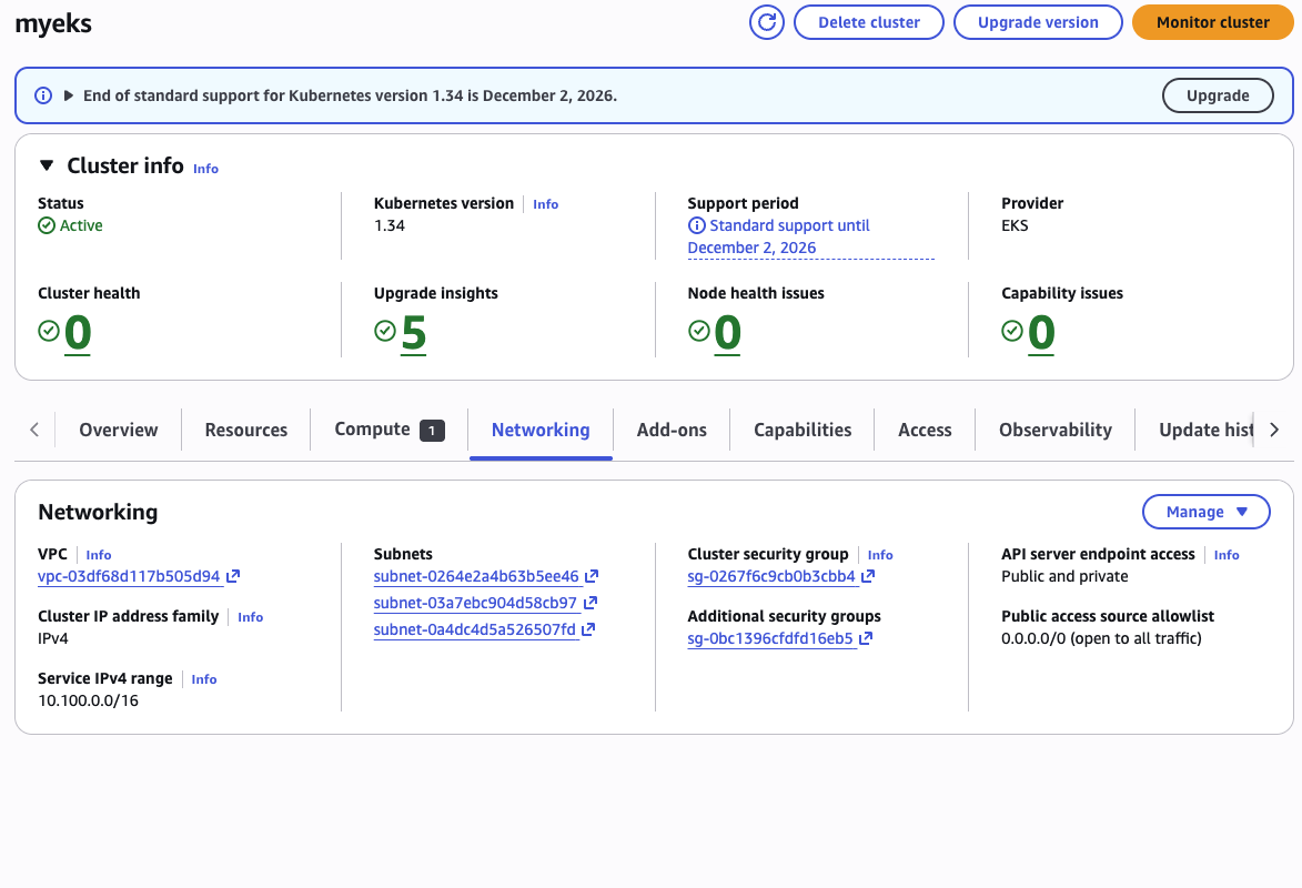 EKS 콘솔 Networking - 서비스 IP 범위, 서브넷, 엔드포인트 접근 설정