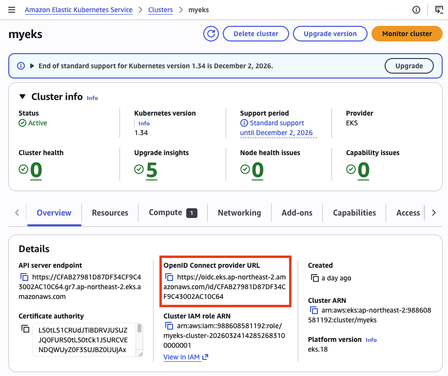 EKS 콘솔 Overview - OIDC Provider URL 확인