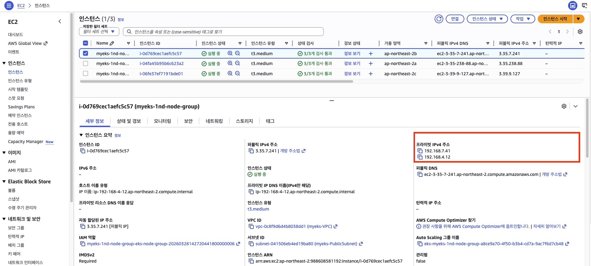 EC2 콘솔 - 워커 노드 상세 (프라이빗 IPv4 주소)