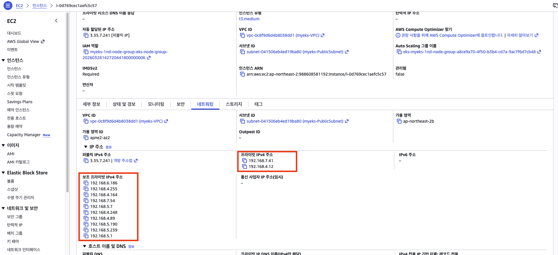 EC2 네트워킹 탭 - 보조 프라이빗 IPv4 주소 목록