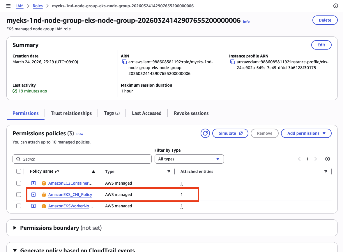 IAM 역할 - AmazonEKS_CNI_Policy 연결 확인