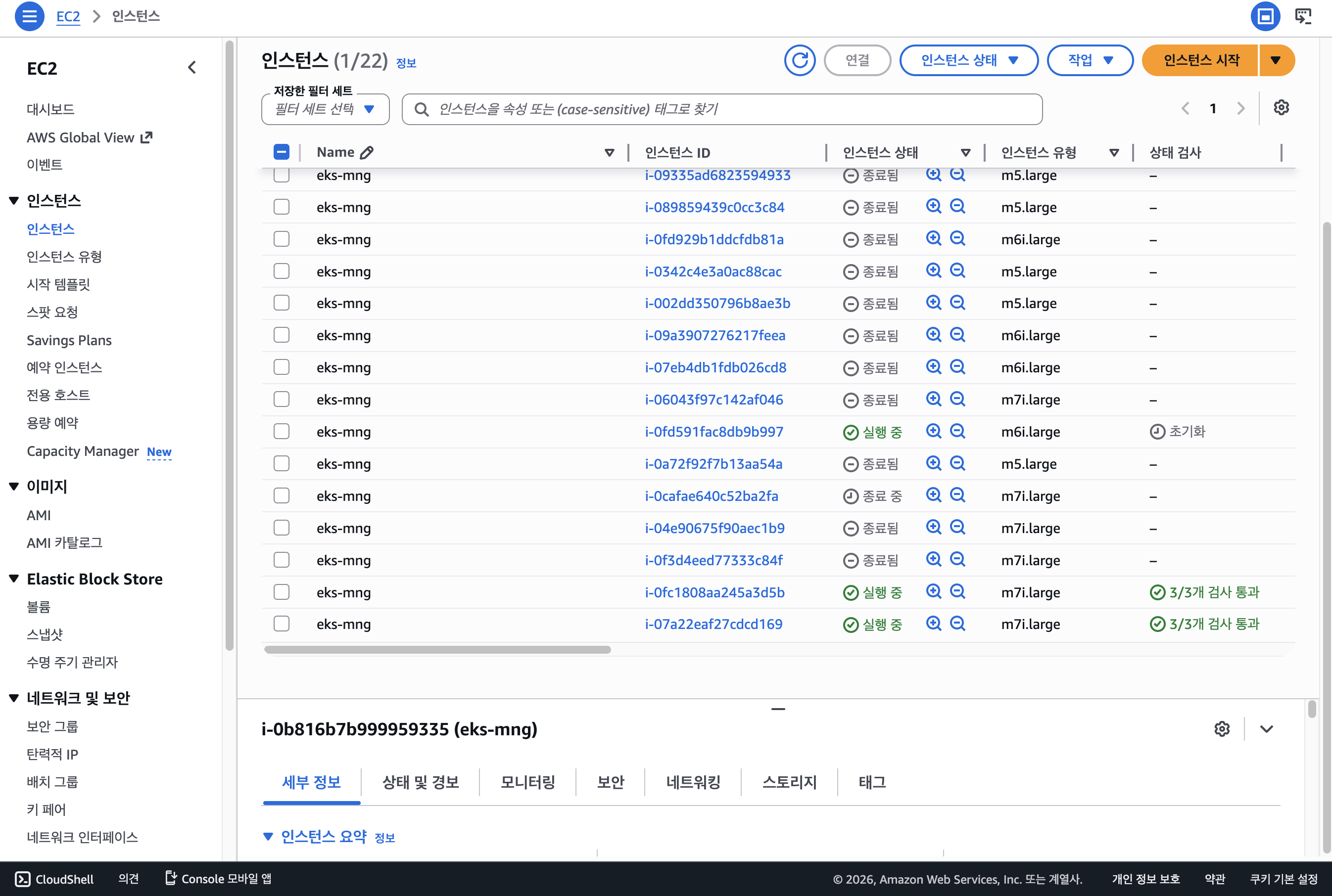 EC2 콘솔 — eks-mng CPU 노드 인스턴스