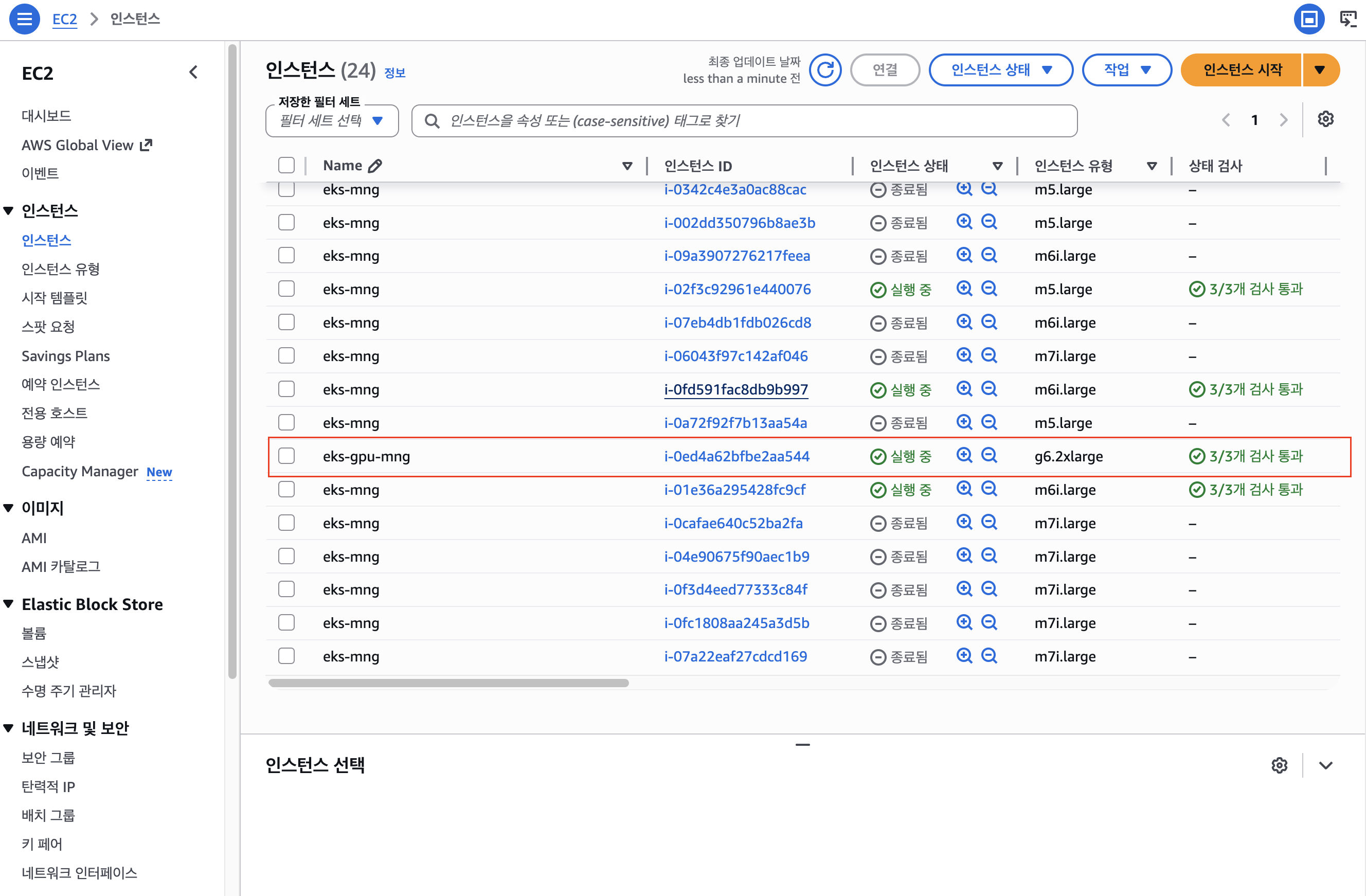 EC2 콘솔 — eks-gpu-mng 노드 = g6.2xlarge(L4)