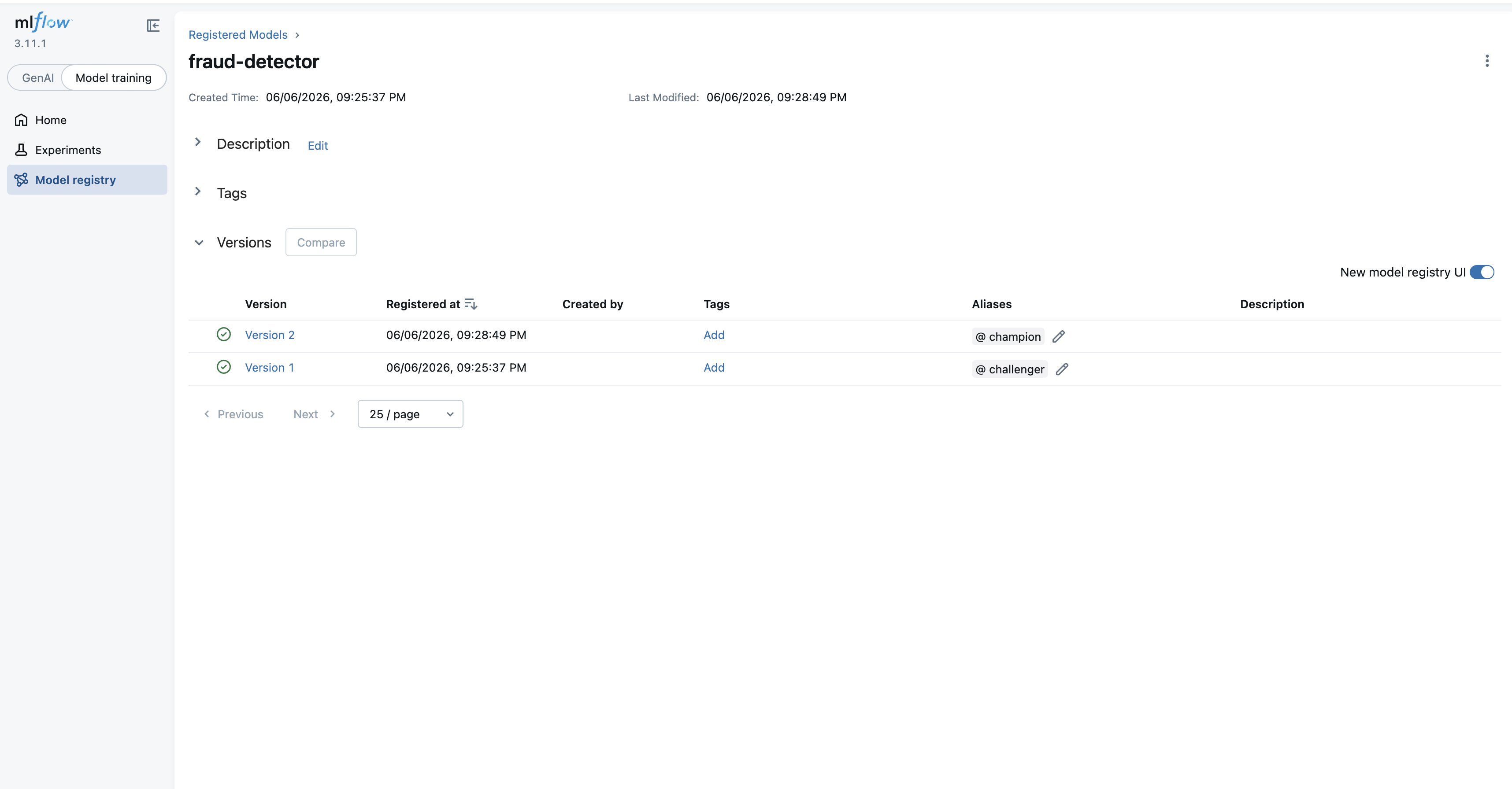 MLflow Model Registry — champion/challenger alias