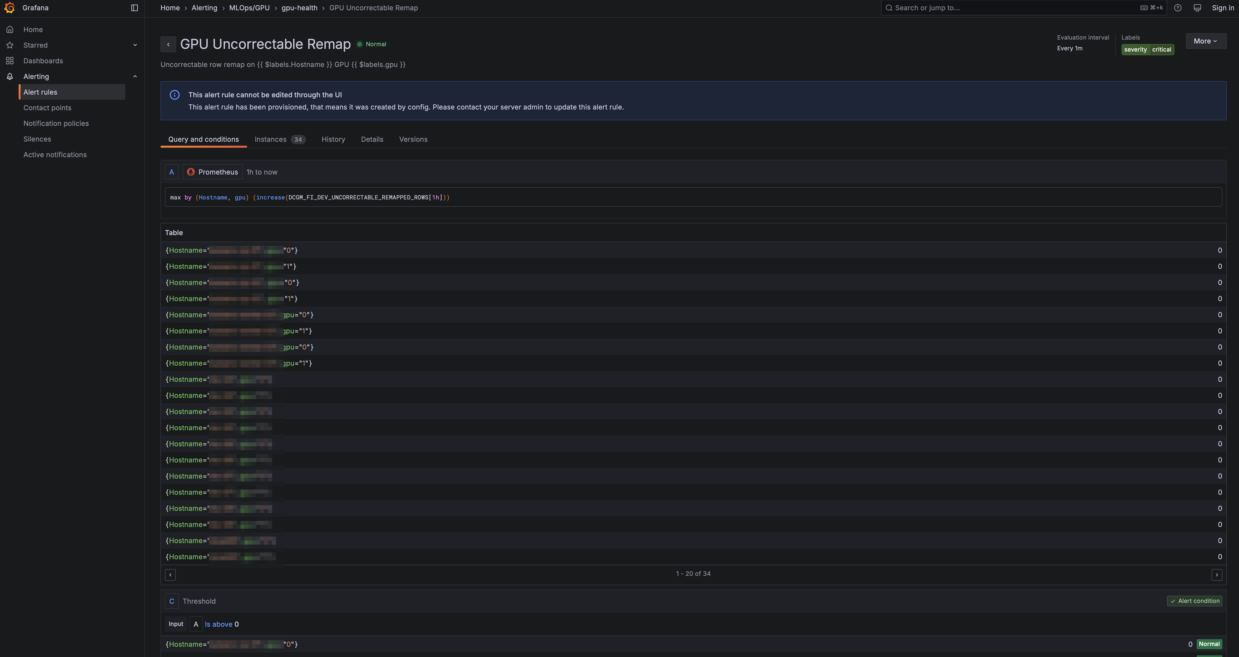 Grafana GPU Uncorrectable Remap alert rule