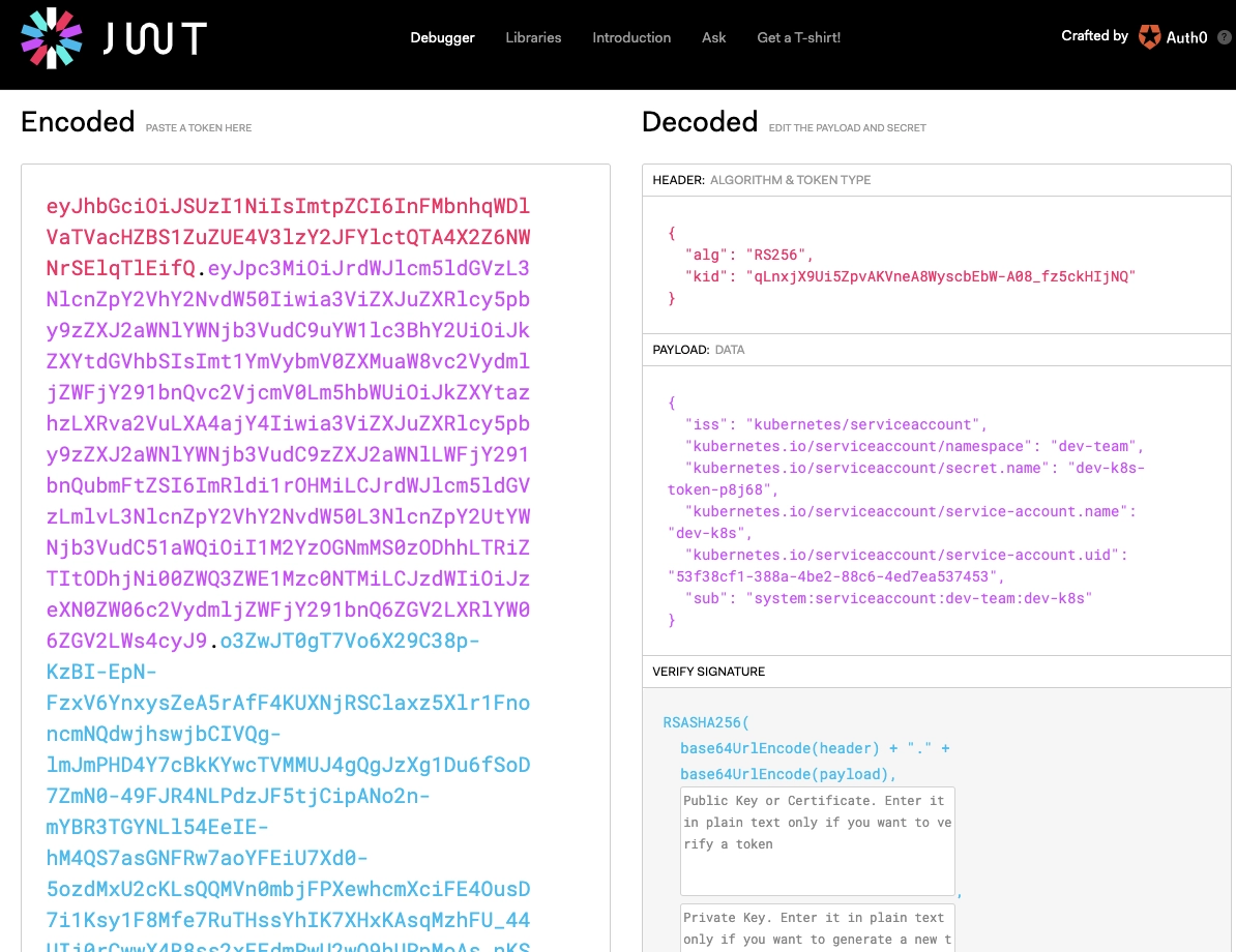 SA 토큰 JWT 디버그 결과