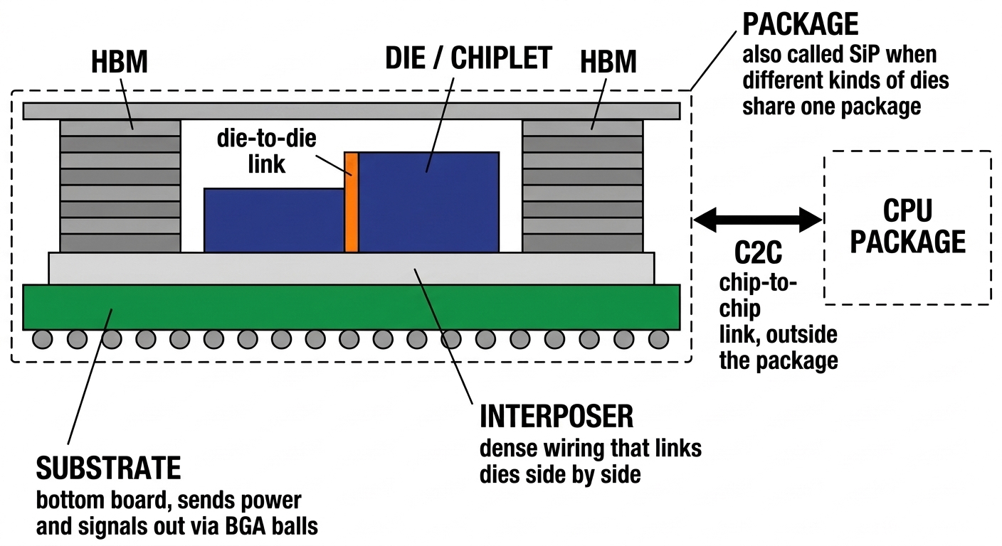 GPU 패키지 단면 구조. Substrate, Interposer, Die와 HBM, 패키지 경계와 C2C 링크