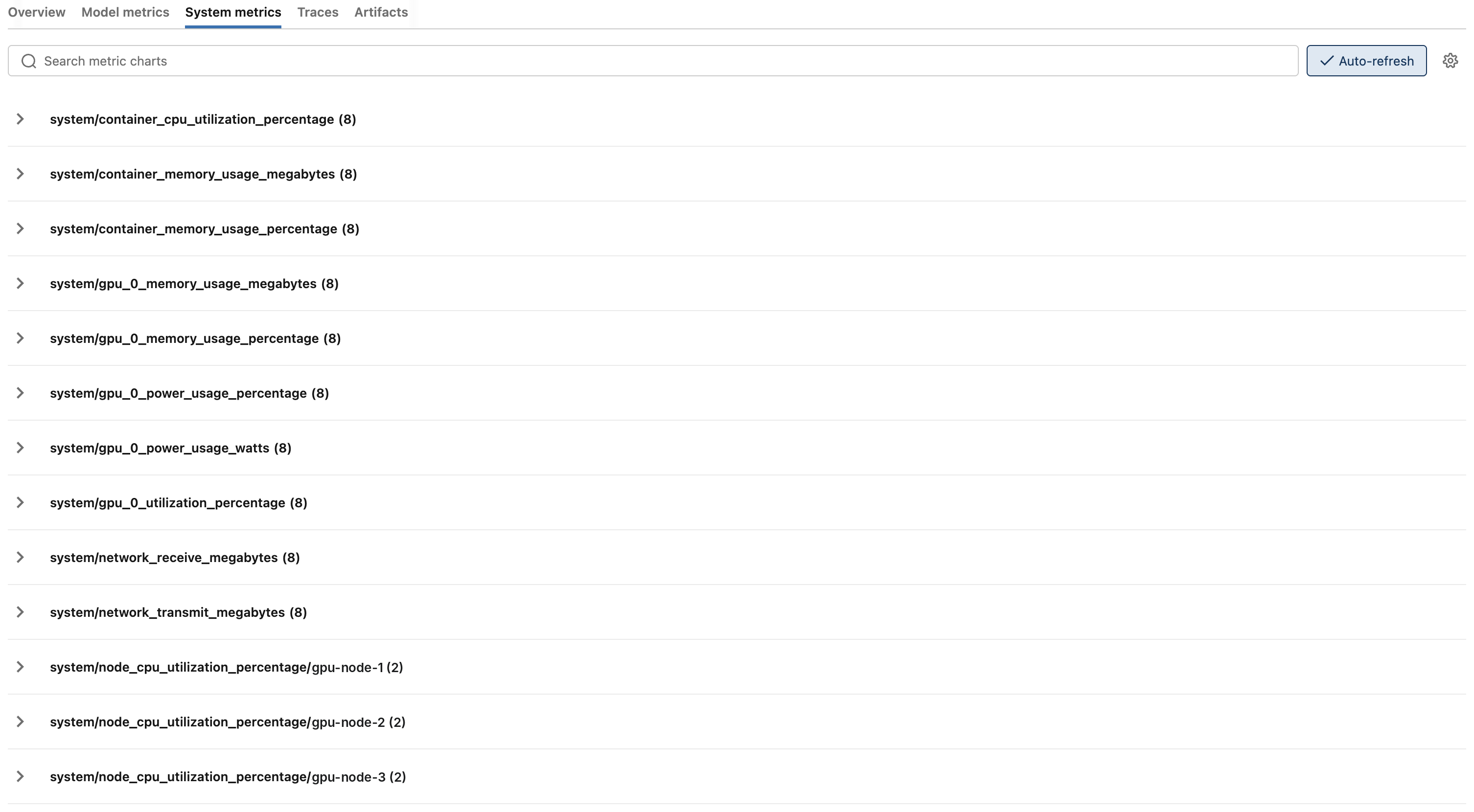 MLflow System metrics 탭의 섹션 목록을 전부 접은 화면. 위쪽에 system/container_*·gpu_0_*·network_ 계열이 (8)로 열 개 서고, 아래쪽에 system/node_cpu_utilization_percentage가 gpu-node-1·gpu-node-2·gpu-node-3으로 갈려 각각 (2)로 선다