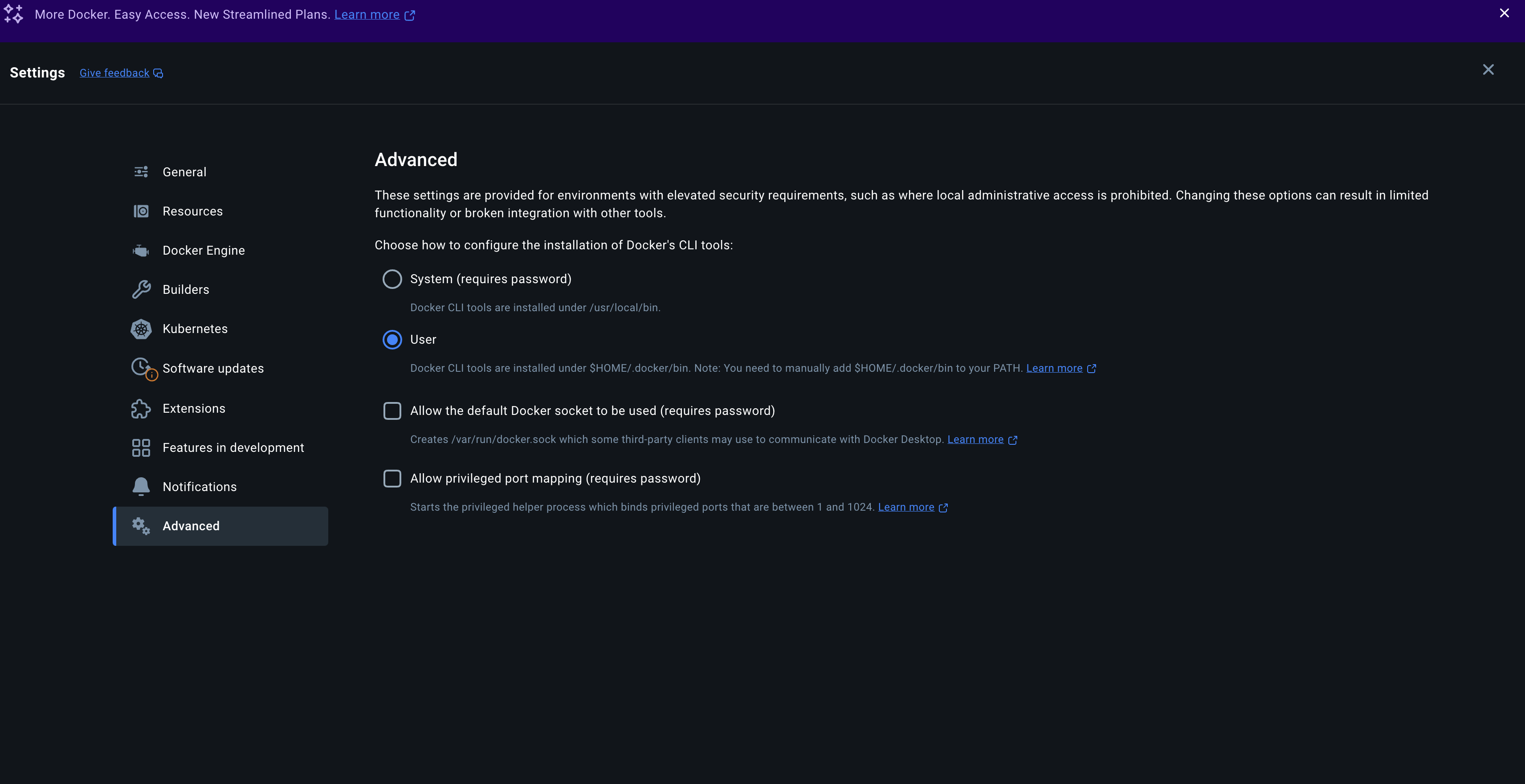 Docker Desktop Advanced의 기본 소켓 설정