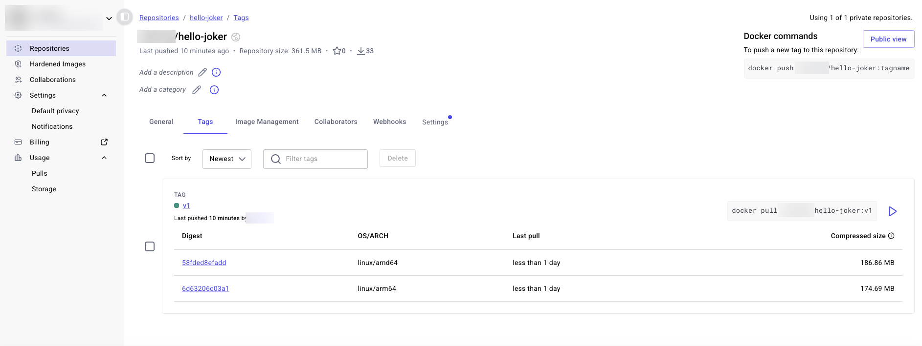 Docker Hub의 v1 태그에 등록된 amd64와 arm64 이미지